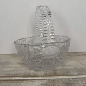 Crystal Basket Candy‎ Dish Bowl Embossed Rose Floral Design Clear Glass